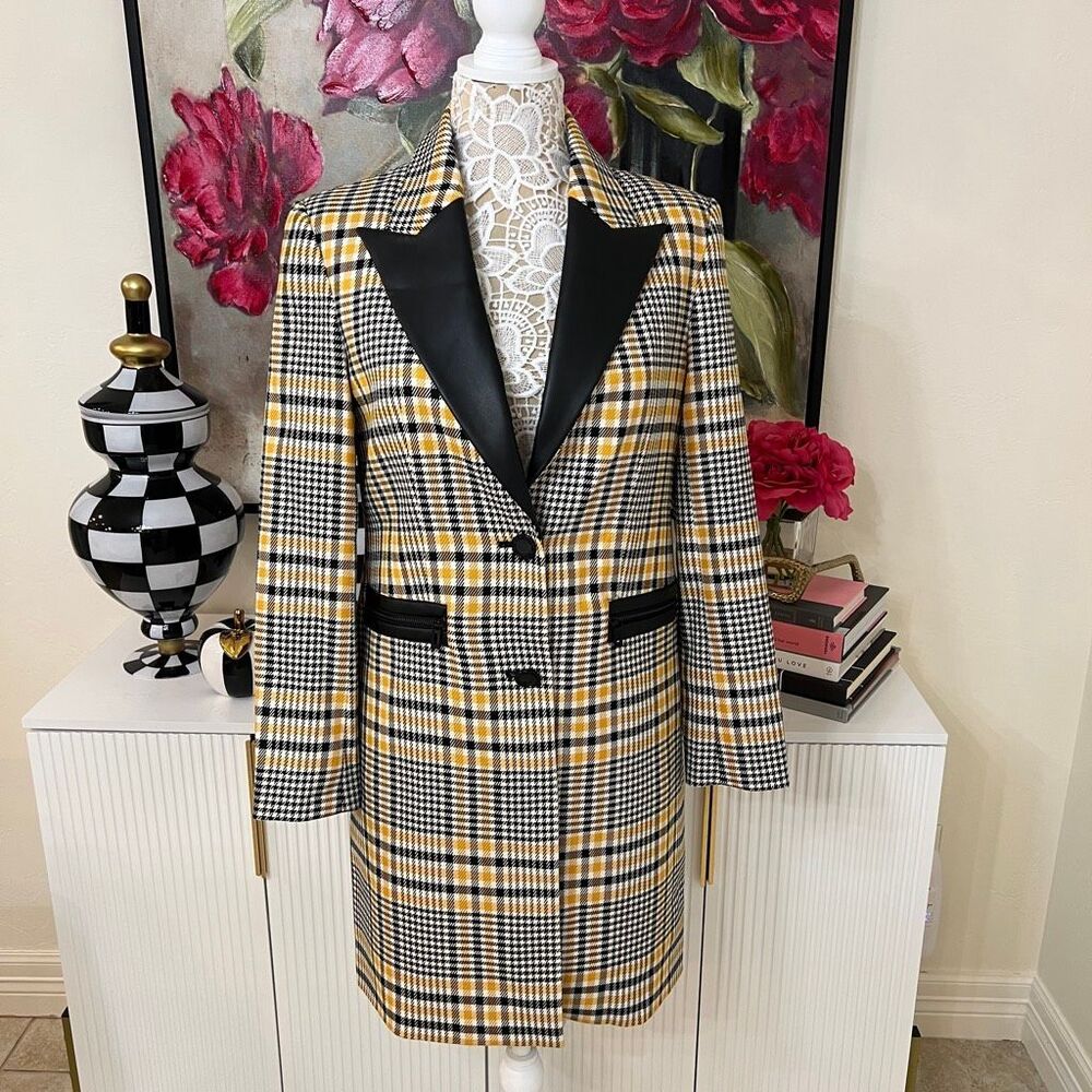Karl Lagerfeld Women's Plaid Faux Leather Trim Blazer Jacket Yellow Black Size 2